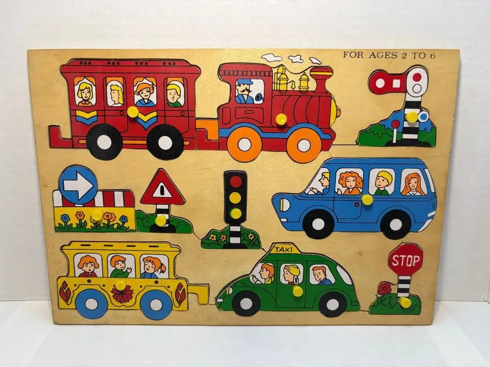 Vintage Children's Wooden Peg Puzzle Transportation Theme Train Taxi.